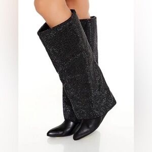 Rhinestone Knee-High Wedge Boots